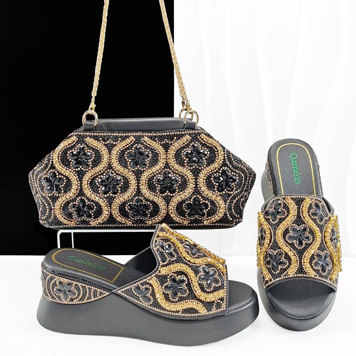 Queena Yan Popularity Open Toe Luxury Fashion Women High Heels Shoes and Bags Set With Rhinestone for Wedding Party Elegant