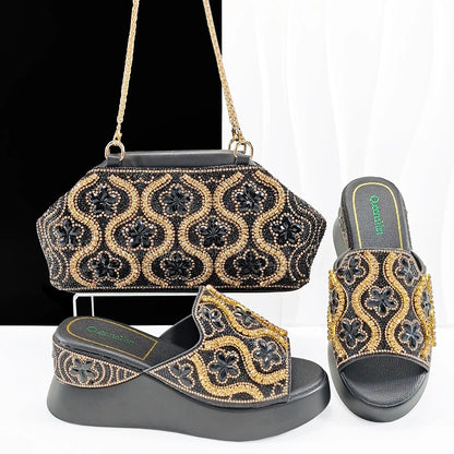 Queena Yan Popularity Open Toe Luxury Fashion Women High Heels Shoes and Bags Set With Rhinestone for Wedding Party Elegant