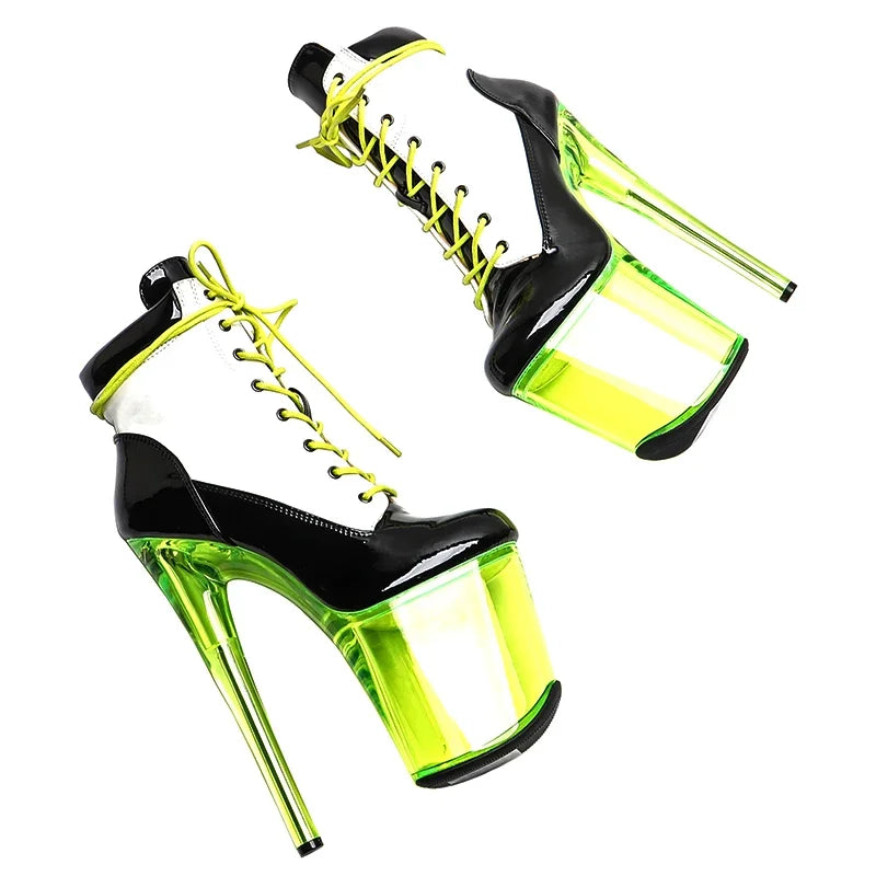 Leecabe  20CM/8inches Patent  PU Upper Black & White  Fashion Trend Sexy Clear High Heel  Platform Ankle Boots Pole Dance Boot