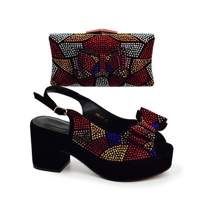 Nigeria Ladies Shoe and Bag Set Decorated with Rhinestone Block Heel Comfortable Platform Pumps Luxury Designer Shoes Women