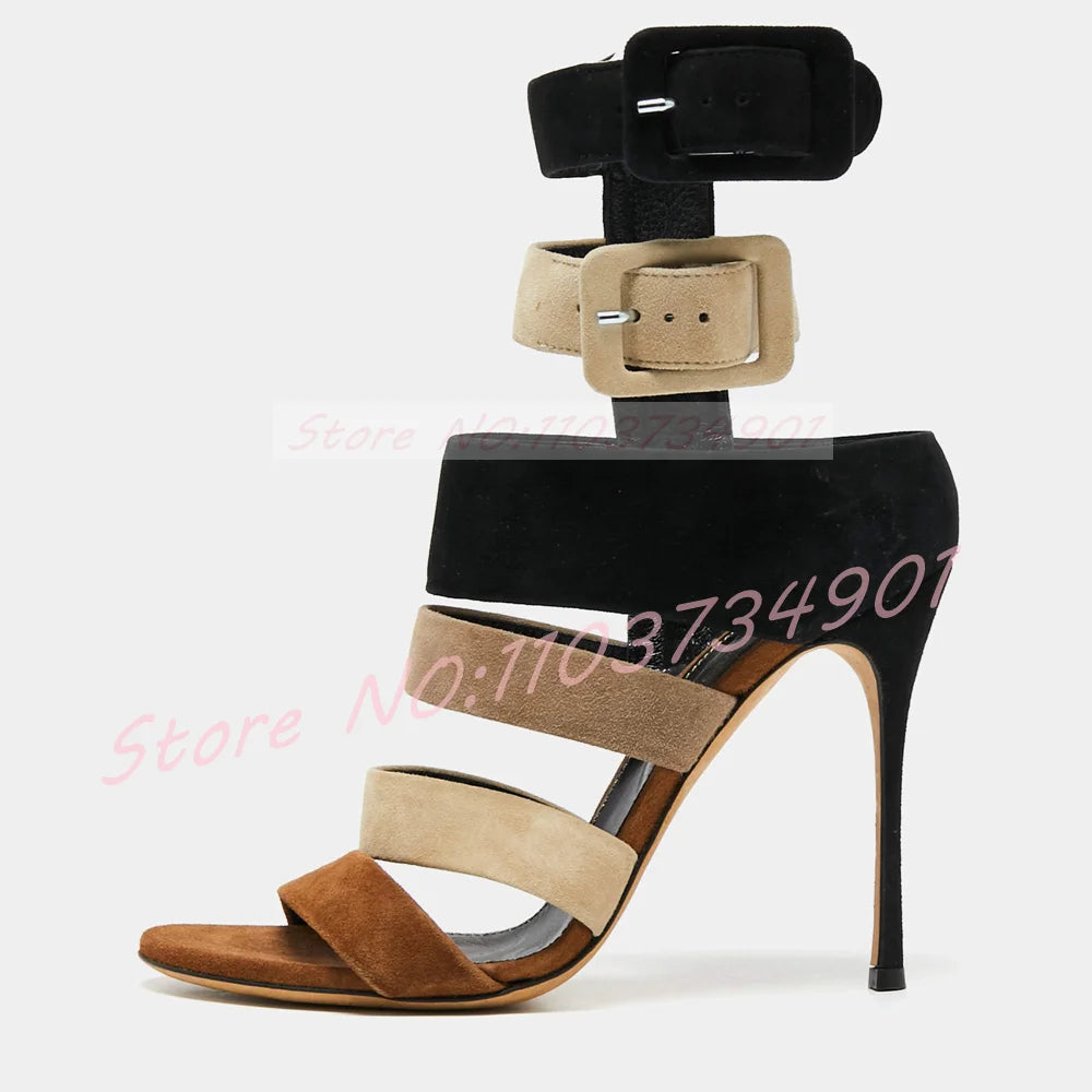 Cutout Gladiator Sandals Women Grey Suede Mixed Colors Zipper Buckle Open Toe High Heels Sandals Female Fashion Stiletto Wear
