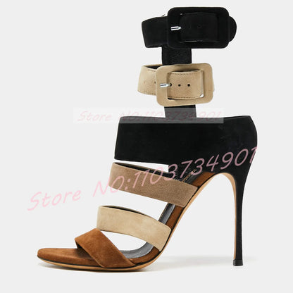 Cutout Gladiator Sandals Women Grey Suede Mixed Colors Zipper Buckle Open Toe High Heels Sandals Female Fashion Stiletto Wear