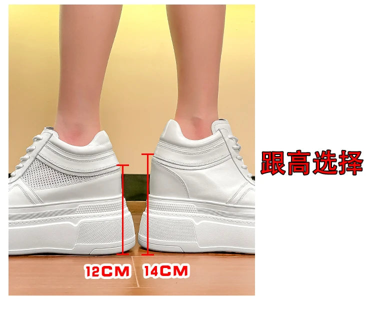 10-14cm Chunky Sneakers Women Platform Shoes Elevator Shoe White Mesh Breathable Sneakers Real Leather Increasing Shoes