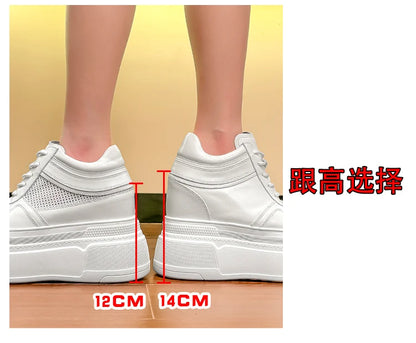 10-14cm Chunky Sneakers Women Platform Shoes Elevator Shoe White Mesh Breathable Sneakers Real Leather Increasing Shoes