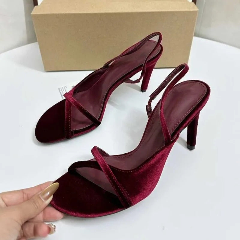 Elegant Velvet High Heels Sandals for Women Cross Strap Design Luxury Open Toe Banquet Wedding Slingback Brand Ladies Shoes