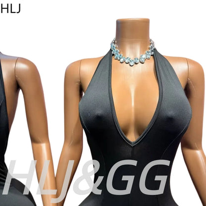 HLJ Black Sexy Deep V Halter Bodycon One Piece Jumpsuits Women Bandage Backless Slim Playsuits Fashion Club Overalls Clothing