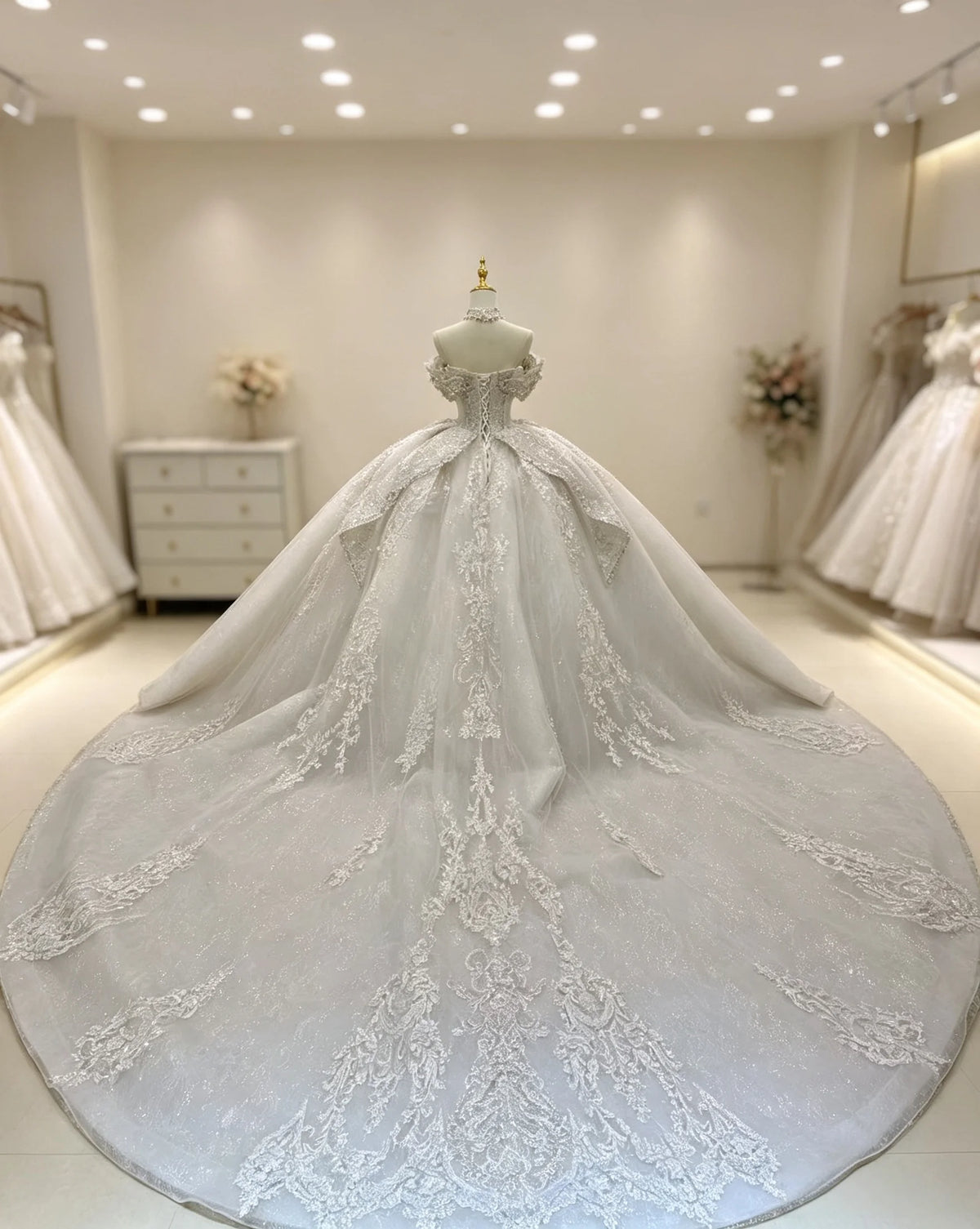 Luxury Off Shoulder Wedding Dress For Bride Heavy Beaded Rhinestone Bridal Gown High Neck Decor Cathedral Train Lace‑Up Custom