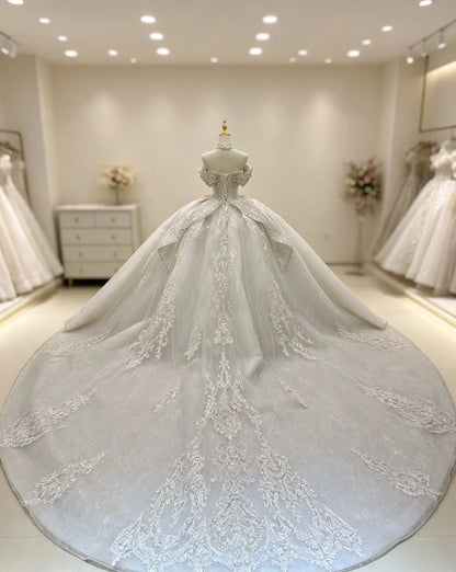Luxury Off Shoulder Wedding Dress For Bride Heavy Beaded Rhinestone Bridal Gown High Neck Decor Cathedral Train Lace‑Up Custom