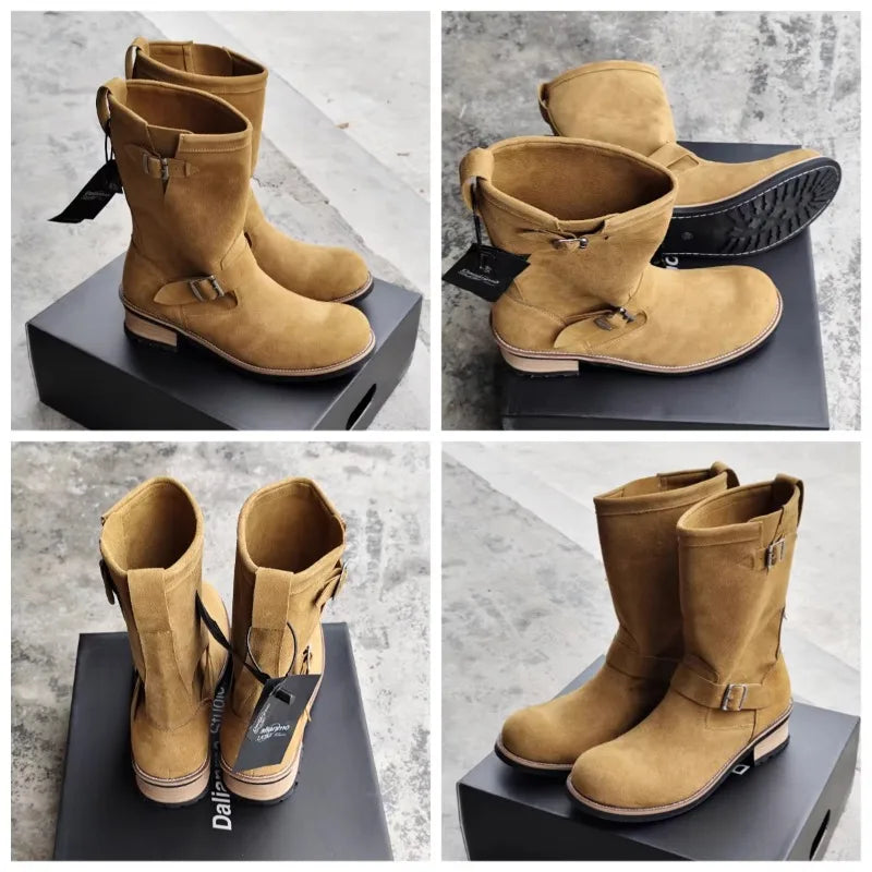 New Men'S PU Leather Boots Men'S Leather Round Middle Top Boots Flat Bottomed Boots Men'S Retro Trendy Leather Shoes