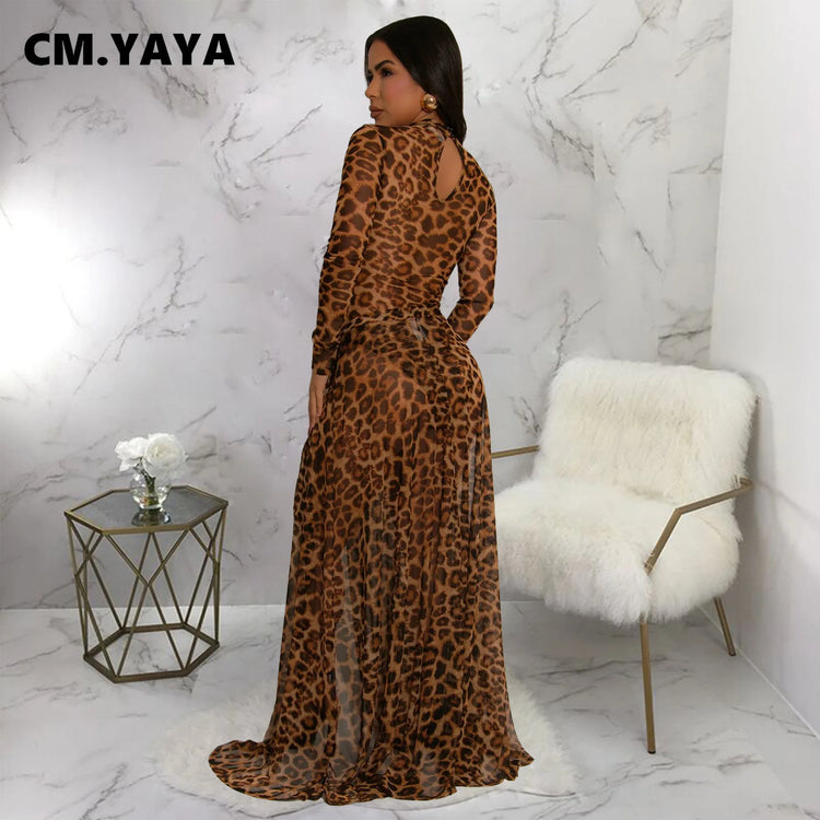 CM.YAYA Women Set Street Leopard Print full Sleeve Bodysuit Tops + long Skirts Suits 2025 Party Street Two 2 Piece Dress Sets