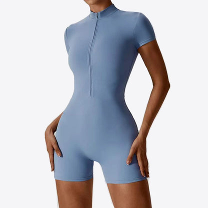 Womens Yoga Short Sleeve Jumpsuits Summer Slim Thin Fit Stretch One Piece Playsuits Romper Sexy Fitness Female Zipper Sportwears