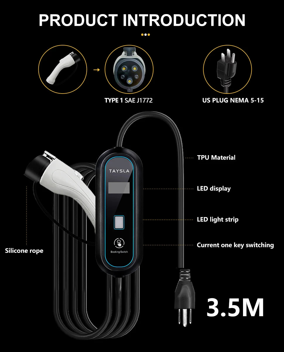 TAYSLA 3.5KW 16A Portable EV Charger NEMA 5-15 Plug TYPE1 SAE J1772 TYPE2 GB/T Electric Car Charger for BYD Geely EX2 Changan