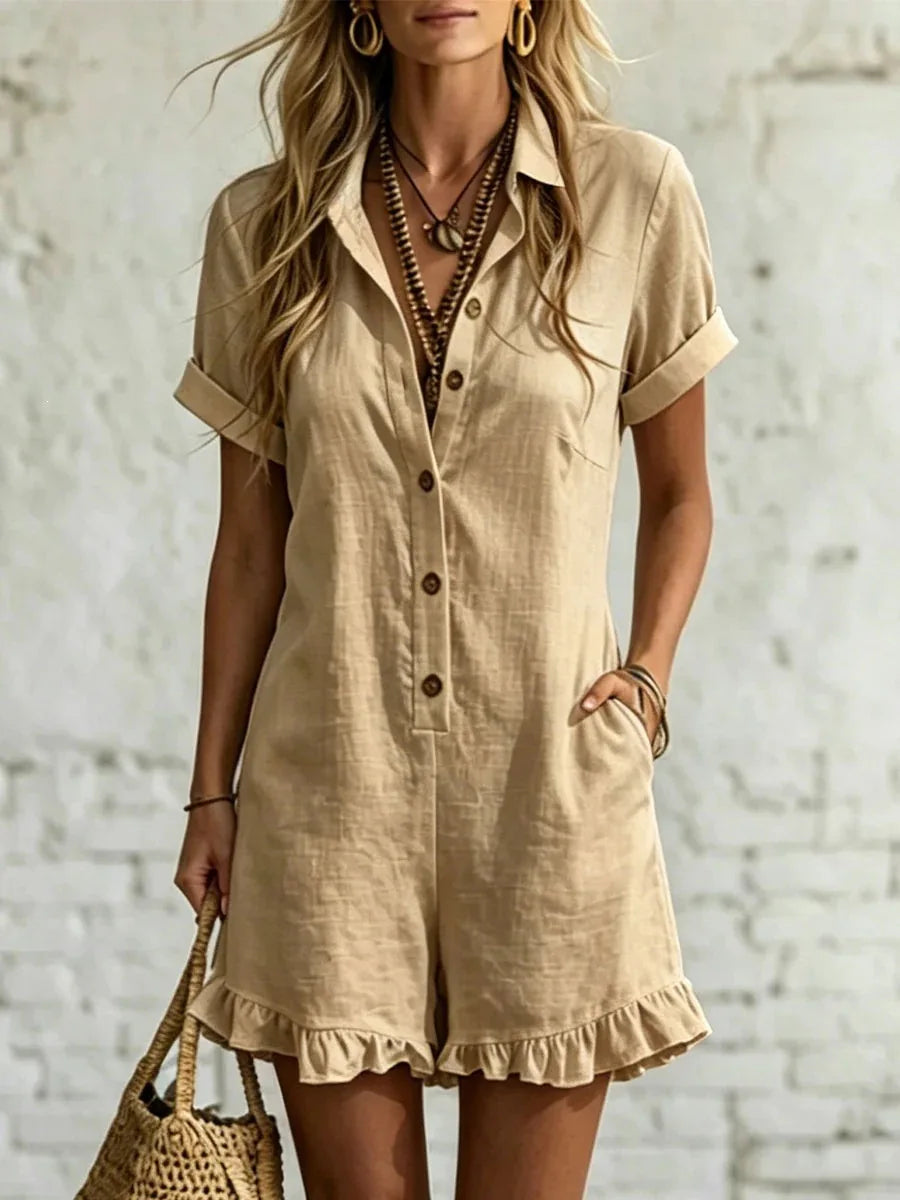 2026 New Women Lapel Short Sleeve Solid One-Piece Romper Fashion Ruffles Patchwork Loose Casual Button Pockets Shorts Jumpsuit