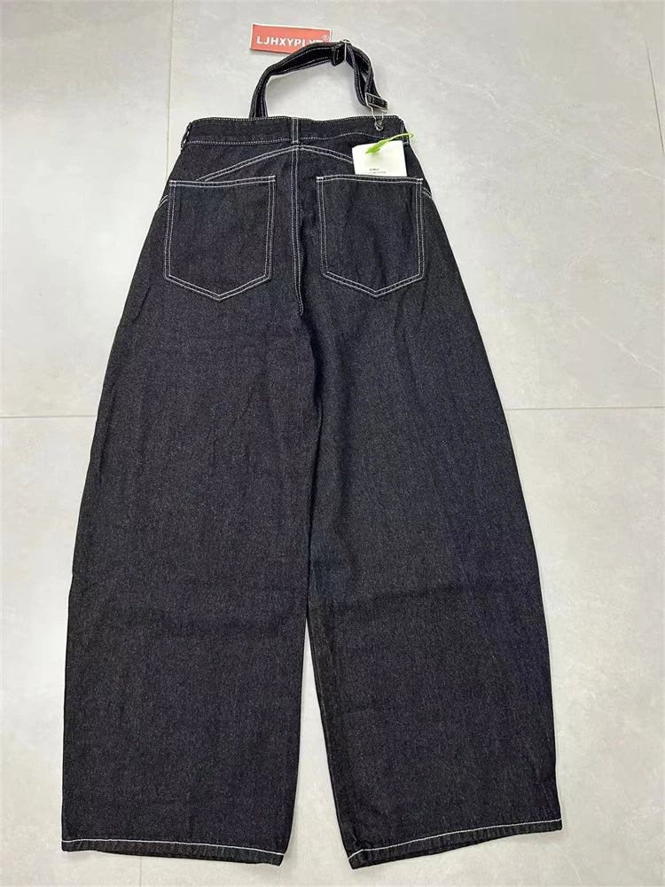 Women's Detachable Black Overalls Street Jumpsuits High Waist Casual Baggy Pants Wide Leg Sweatpants Straight Unisex Trousers