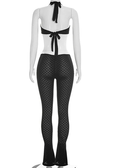 Beyprern Sexy Women's Black Knitted Bandage Skinny Jumpsuit New Ladies Halter Hollow Out One Pieces Rompers Clubwear Outfits