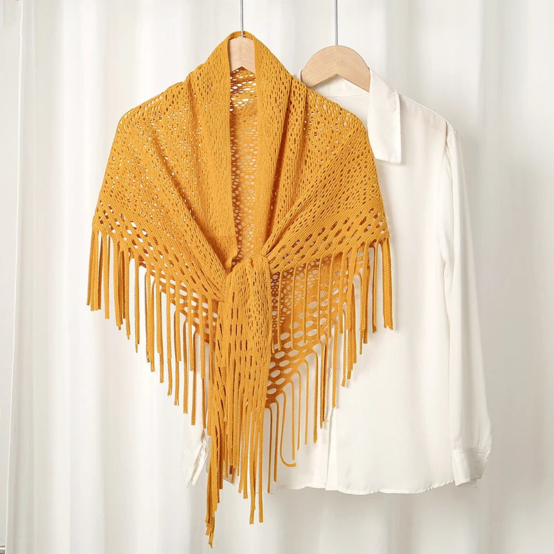 Hot Sale Knitted Cotton Tassels Shawls Scarf Woman Soft High Quality Wraps Ladies Travel Beach Cape Femme Hollow Fashion Scarves