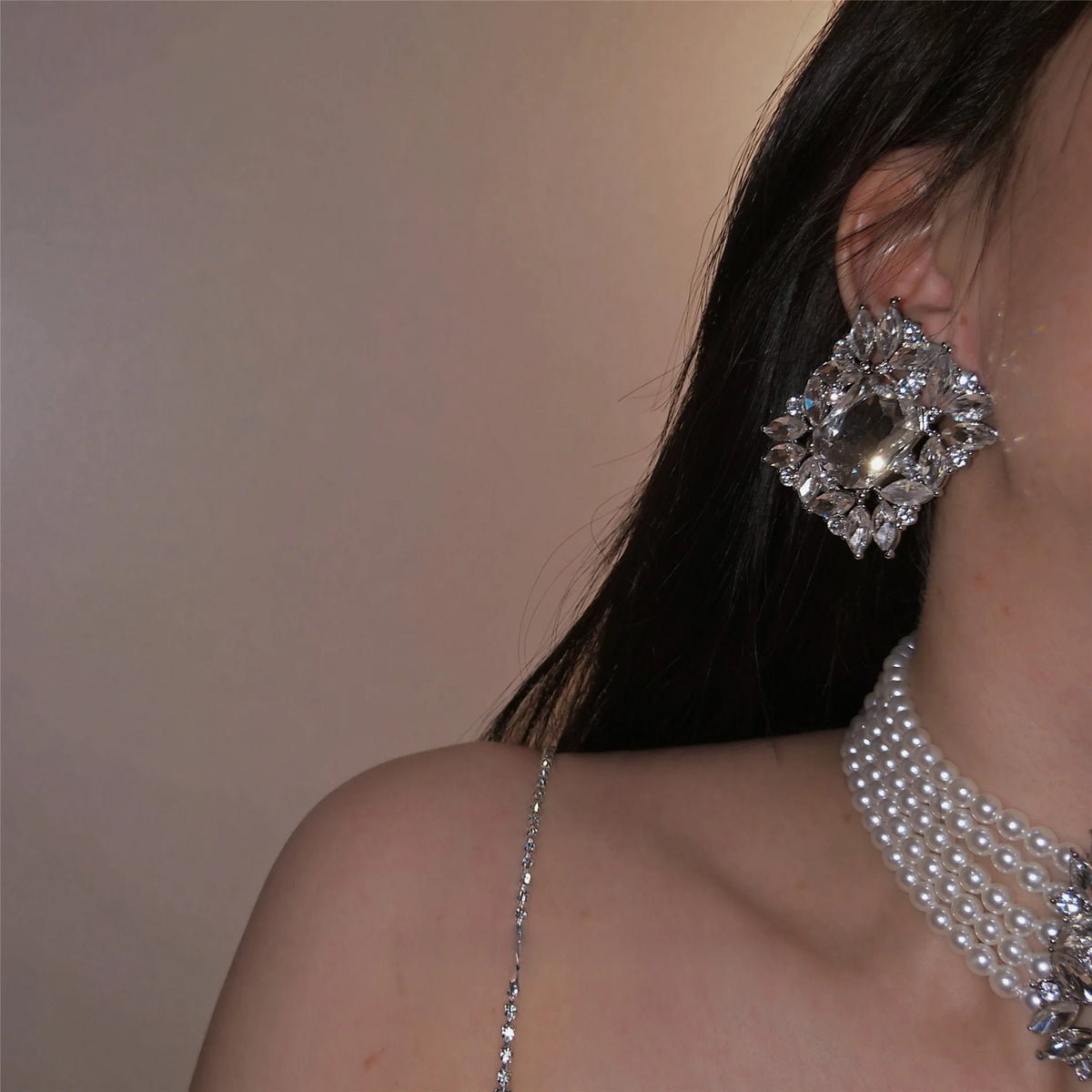 2 Pcs Rhinestones Square Leaf Multi-layer Necklaces Europe American Exaggerated Chokers Necklaces Collarbone Jewelry Sets K
