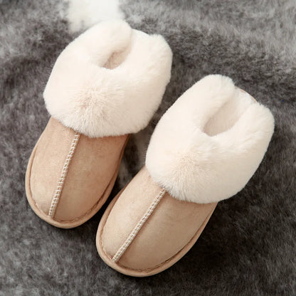 2025 Winter Warm Home Fur Slippers Women Luxury Faux Suede Plush Couple Cotton Shoes Indoor Bedroom Flat Heels Fluffy Slippers