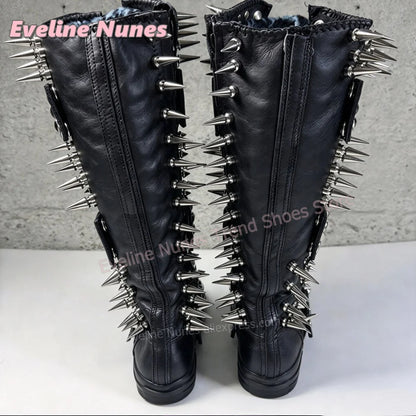 Blue Leopard Print Platform Knee High Boots Metal Spikes and Studs Decor Multi Strap Design Punk Goth Canvas Shoes 2026 Trend
