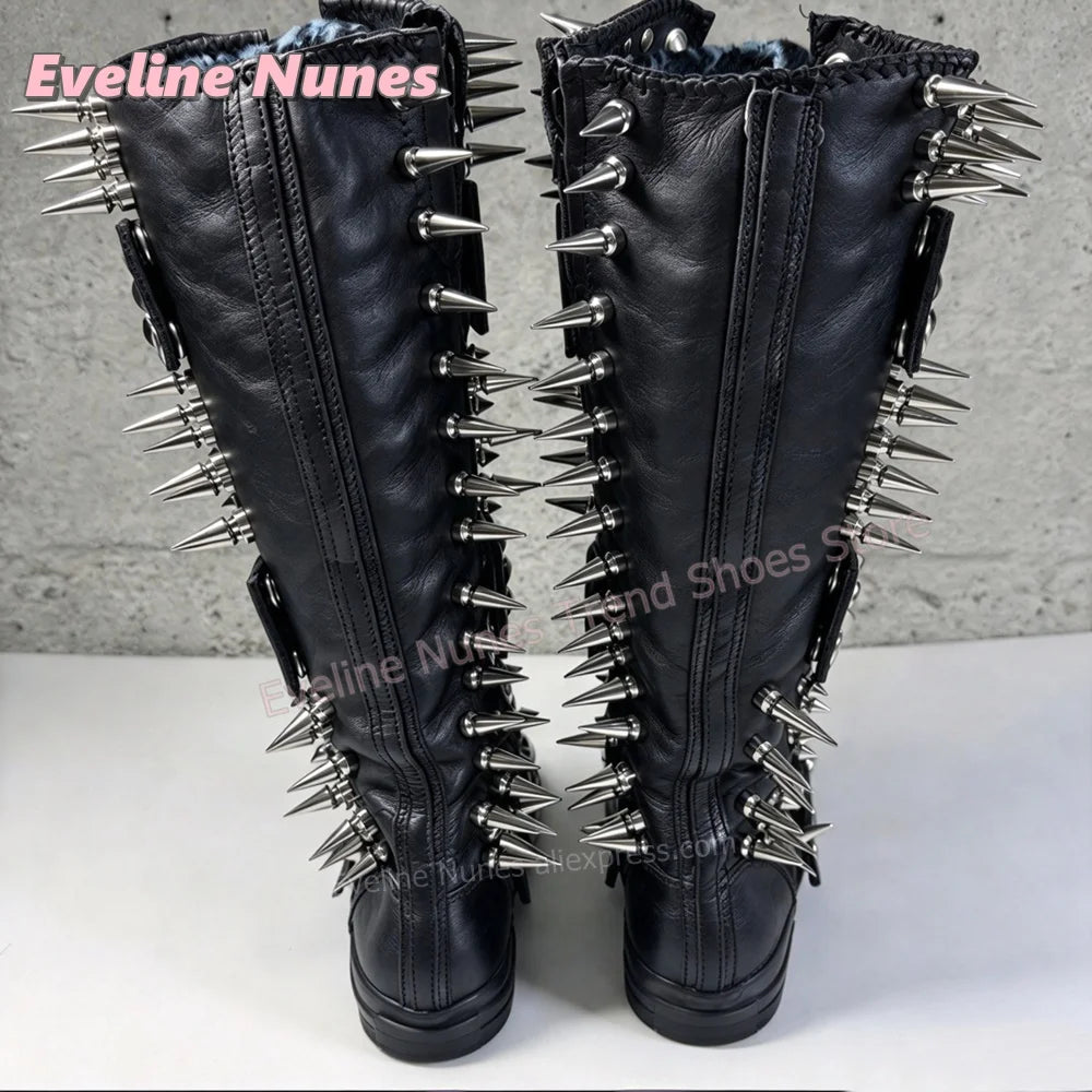 Blue Leopard Print Platform Knee High Boots Metal Spikes and Studs Decor Multi Strap Design Punk Goth Canvas Shoes 2026 Trend