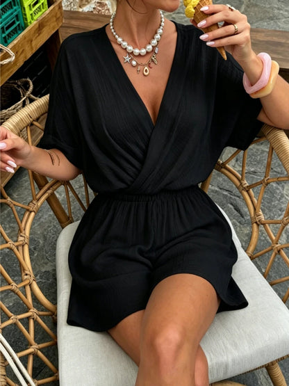 New Chic Women Summer  New Loose Playsuits Cross V Neck Fashion Short Sleeve Jumpsuits Elegant Office Simple Rompers