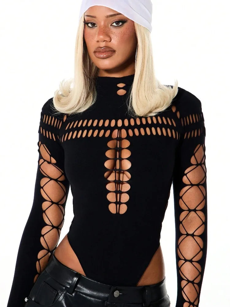 FHSEER SummerWomen's Y2K Sexy Bodysuit High Neck Bodycon Front Cutout & Lace-up Mesh Sleeve Stretchy Edggy Clubwear Streetwear