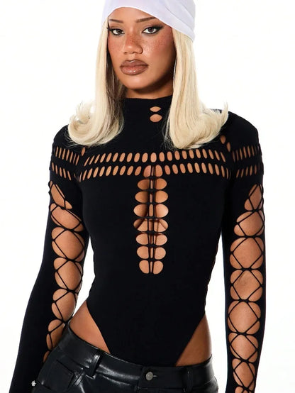 FHSEER SummerWomen's Y2K Sexy Bodysuit High Neck Bodycon Front Cutout & Lace-up Mesh Sleeve Stretchy Edggy Clubwear Streetwear