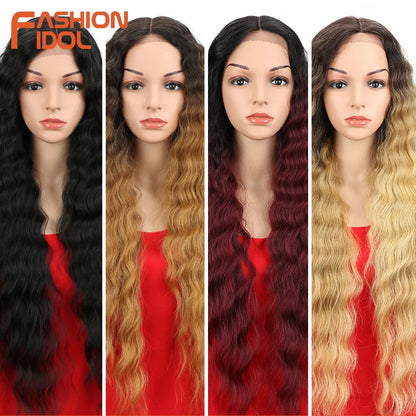 FASHION IDOL 30inch/75cm Water Wave Lace Wigs Synthetic Curly Lace Front Wigs Cosplay Ombre Blonde Hair Wigs For Black Women
