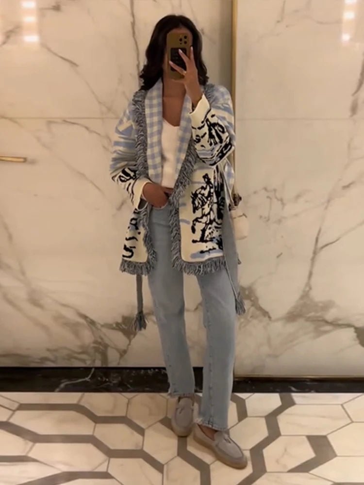 Casual Print Knit Cardigan Women V Neck Long Sleeves Tassels Belts Loose Sweater Female 2026 Autumn Winter Chic Warm Knitwears