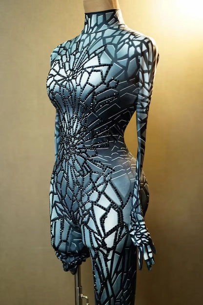 Sexy Full Diamond Long Sleeved Jumpsuit Ballroom Pole Dancer Performance Outfit Fashionable Club Suit Women's Photography