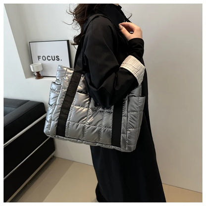 Space Padded Women Shoulder Bags For Winter 2025 Large Capacity Black Handbags Designer Nylon Cotton Warm Tote Solid