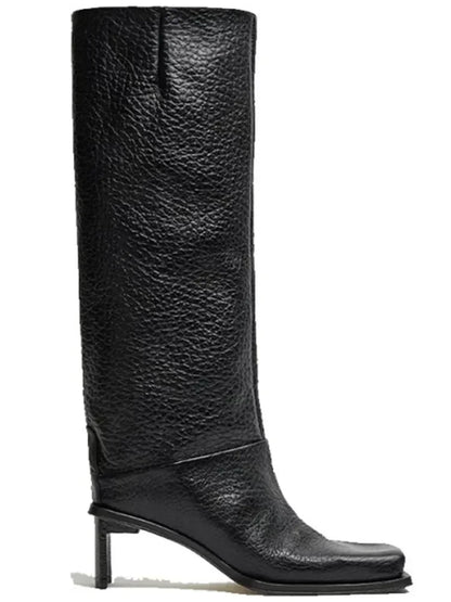 2026New Fashionable Square Head High Heels Women's Knee Length Boots with Side Zipper Stone Pattern Women's Mid Length Boots