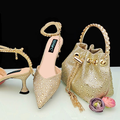 QSGFC New Gold Glitter Fabric Pointed Toe High Heels With A Variety Of Shapes Of Rhinestones Fashion Party Ladies Shoes And Bag