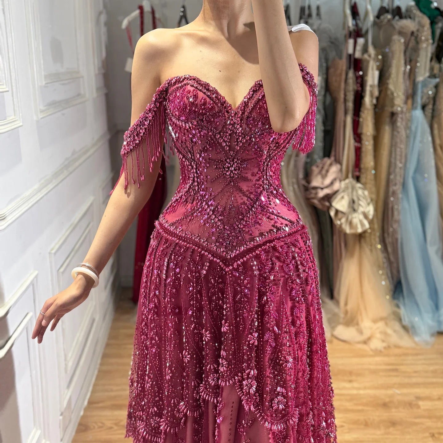 Serene Hill 2026 Luxury Fuchsia Arabic Beaded A-Line Evening Dress With Tassels For Formal Wedding Party BLA73594 Customized