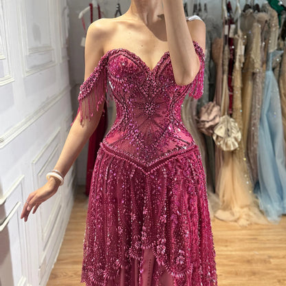 Serene Hill 2026 Luxury Fuchsia Arabic Beaded A-Line Evening Dress With Tassels For Formal Wedding Party BLA73594 Customized