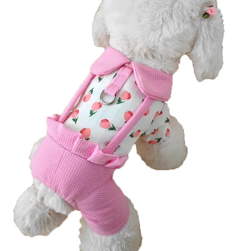 Sweet Pet Clothes Floral Print Dog Jumpsuit Overalls Pink O-Neck Pajamas Tracksuit For Small Medium Dogs Dachshund Puppy Onesie