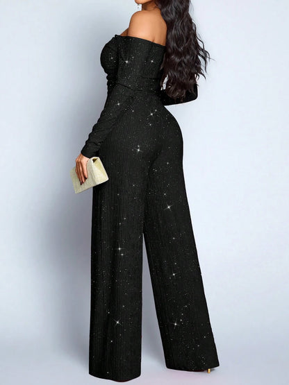 Fashion Slim Long Sleeve Jumpsuits for Women Slash Neck Folds Solid Straight Women Jumpsuit Monos Mujer Elegante