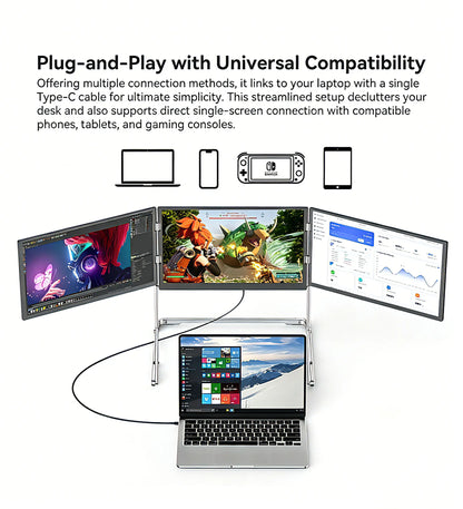 Sibolan 16 inch 2.5K Three Screen Portable Monitor 60Hz 100% sRGB Metal Body HDMI USB-C Laptop Display Extender For Wins mac OS