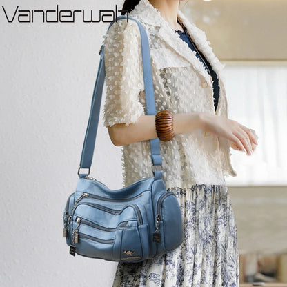Many Pockets Women Leather Top-handle Bag Luxury Designer Female Shoulder Messenger Shopper Bags Brand Ladies Crossbody Handbags