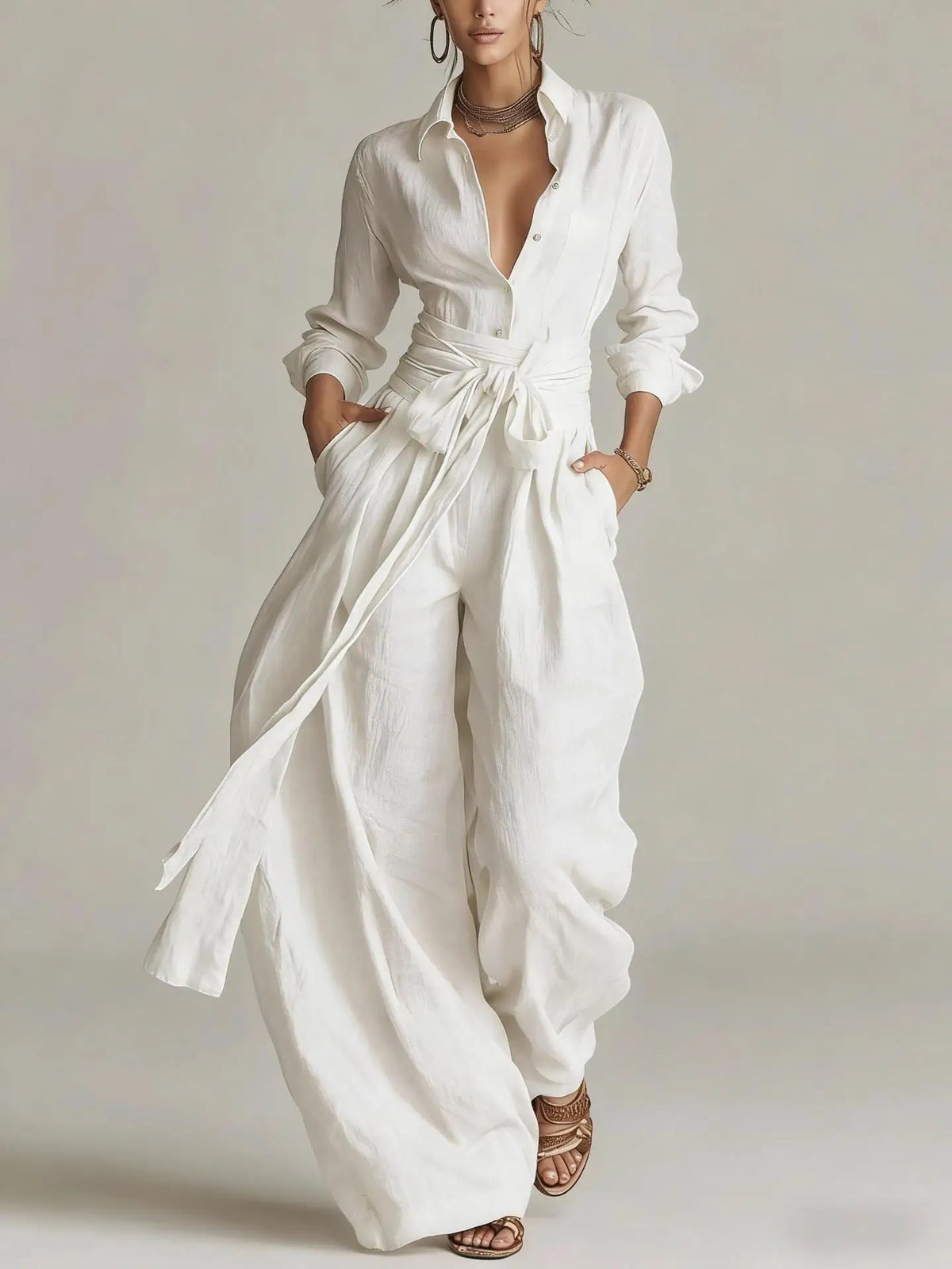 Women Brown Jumpsuit  Outfit Lapel Long Sleeve Button Shirt High Waist Belt Tie Wide Leg Pants Elegant Office Vacation Jumpsuits