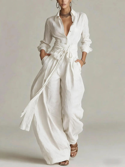 Women Brown Jumpsuit  Outfit Lapel Long Sleeve Button Shirt High Waist Belt Tie Wide Leg Pants Elegant Office Vacation Jumpsuits