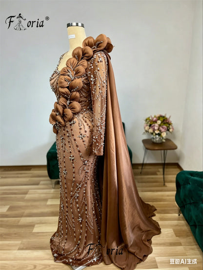 Floria Luxury 3D Floral Mermaid Evening Dress For Women Beaded Crystal Long Sleeve Formal Prom Gown Dubai Arabic Wedding Party