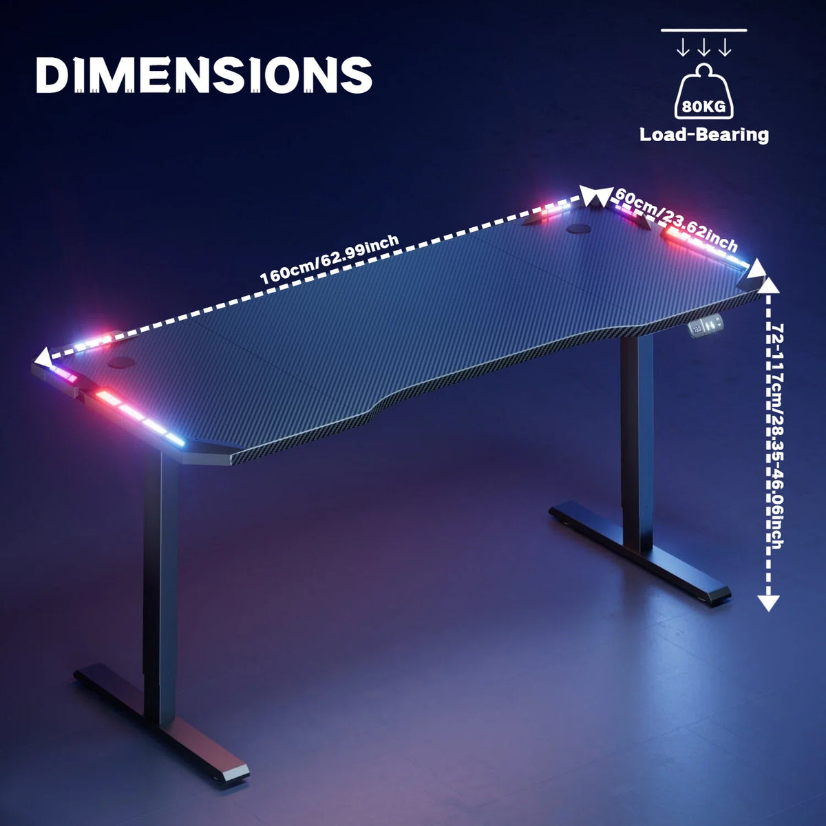 NEBMAAX Electric Height Adjustable Gaming Desk With RGB LED Strip Lights, Built-In Cup Holder Headset Hook Ergonomic Computer Game Table with Carbon Fiber Surface, 2 Memory Positions and 3 Sizes