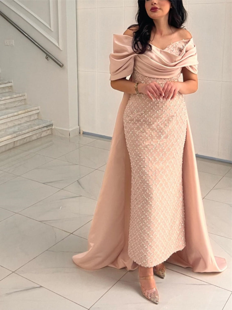 Customized Elegant Ruched Off the Shoulder Sheath Prom Dresses Floor Length Sequin Short Formal Evening Gowns платье на выпускно