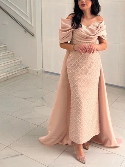 Customized Elegant Ruched Off the Shoulder Sheath Prom Dresses Floor Length Sequin Short Formal Evening Gowns платье на выпускно