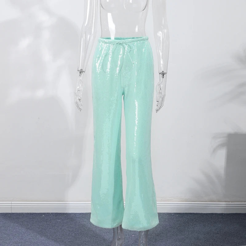 Elegant Sequined Women's Trouser Mid-Waist Lace Up Straight Mop Pants 2026 Summer Autumn Fashion Female All-Match Bottom