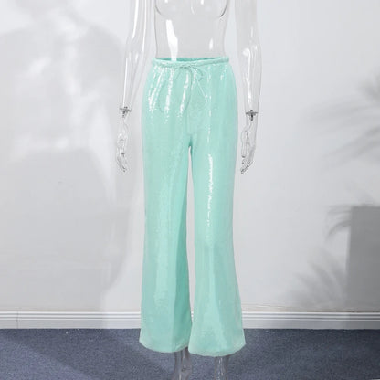 Elegant Sequined Women's Trouser Mid-Waist Lace Up Straight Mop Pants 2026 Summer Autumn Fashion Female All-Match Bottom