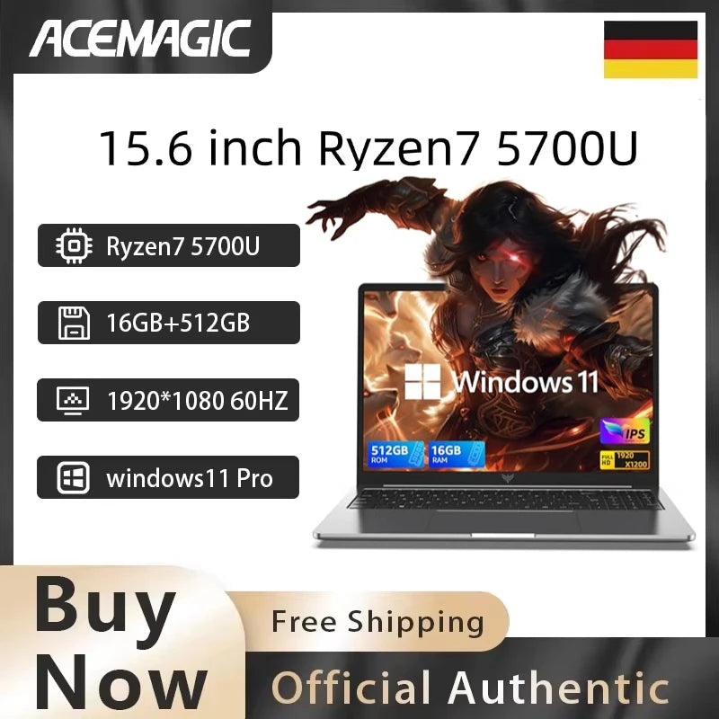 ACEMAGIC 15.6" FHD Laptop AMD Ryzen 7 5700U 16GB DDR4 512GB SSD Windows 11 Pro Lightweight for Gaming Notebook Business Student