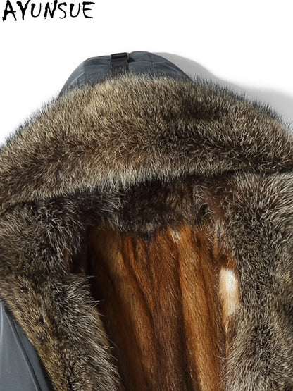 AYUNSUE Fashion Warm Men's Natural Fur Parkas Winter Detachable Mink Fur Liner Jacket for Man Hooded Raccoon Collar Fur Coat