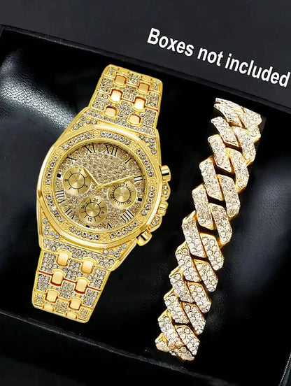 Fashion watch gift set, diamond studded hip-hop watch bracelet necklace set, quartz watch set